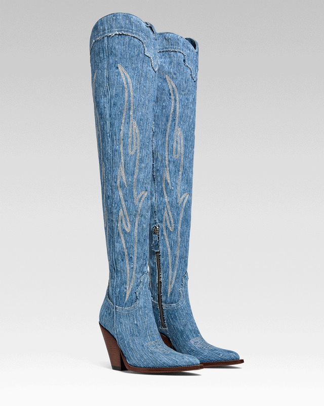 HERMOSA Women's Over The Knee Boots in Light Blue Jeans | Ecru Embroidery